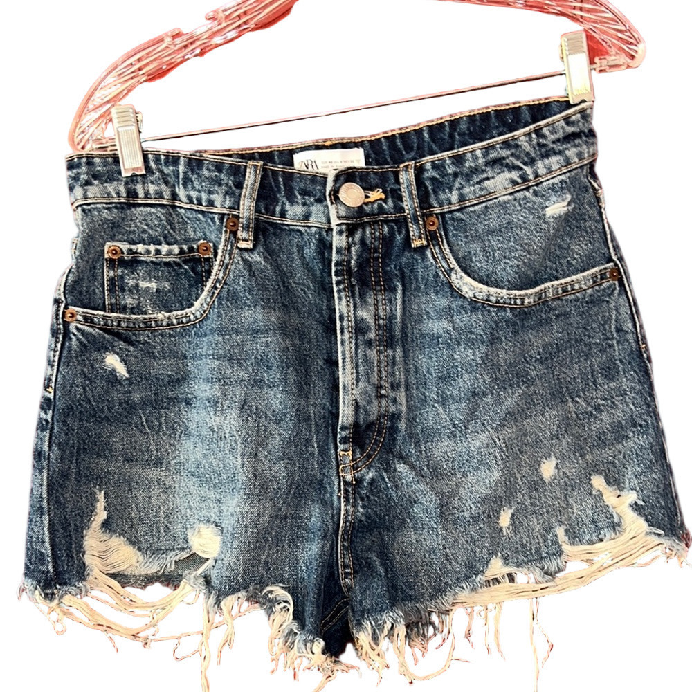 Zara Cutoff Jean Shorts Button Fly Medium Wash Denim Distressed, Size 8